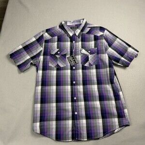NWT Straight Faded Western Plaid Button Up Shirt Mens Size L Purple Black Gray